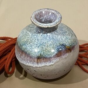 Vintage Flat Earth Mini Vase 3.5" Art Pottery Drip Glaze Stoneware Signed 1985